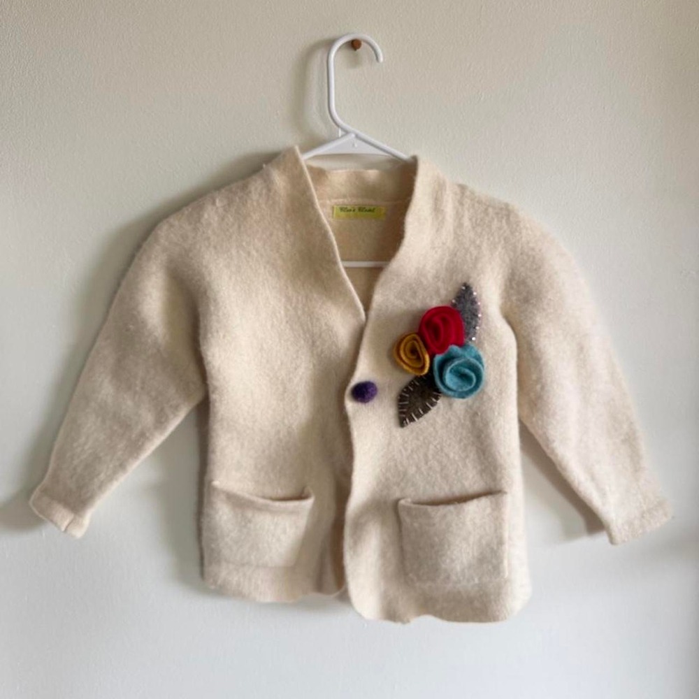 Cleo's Closet cream wool blend cardigan with colorful felt flower appliqué